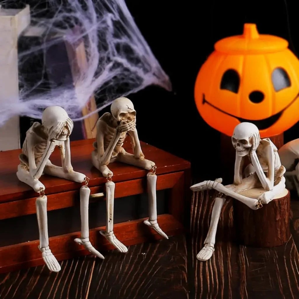 Halloween Skeleton Shelf Sitter Figurine with Dangling Legs and Poseable Resin Joints