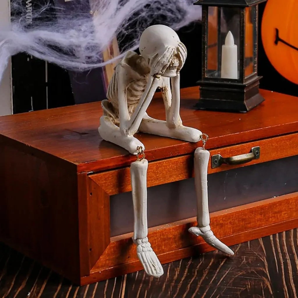 Halloween Skeleton Shelf Sitter Figurine with Dangling Legs and Poseable Resin Joints