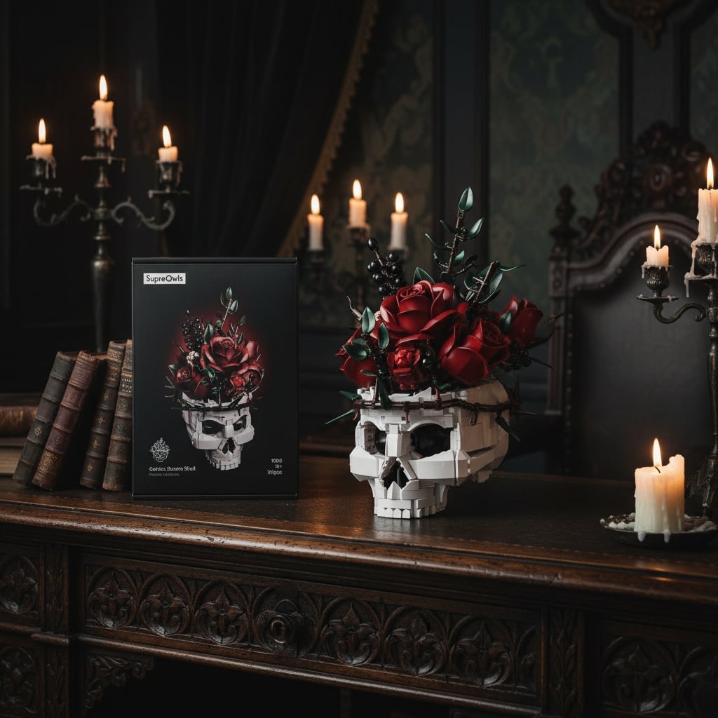 Halloween Decorations Skull and Rose Building Blocks Kit with Thorn Crown for Gothic Tabletop Decor