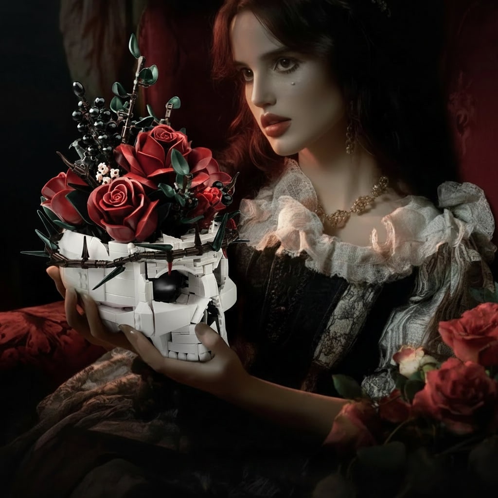 Halloween Decorations Skull and Rose Building Blocks Kit with Thorn Crown for Gothic Tabletop Decor