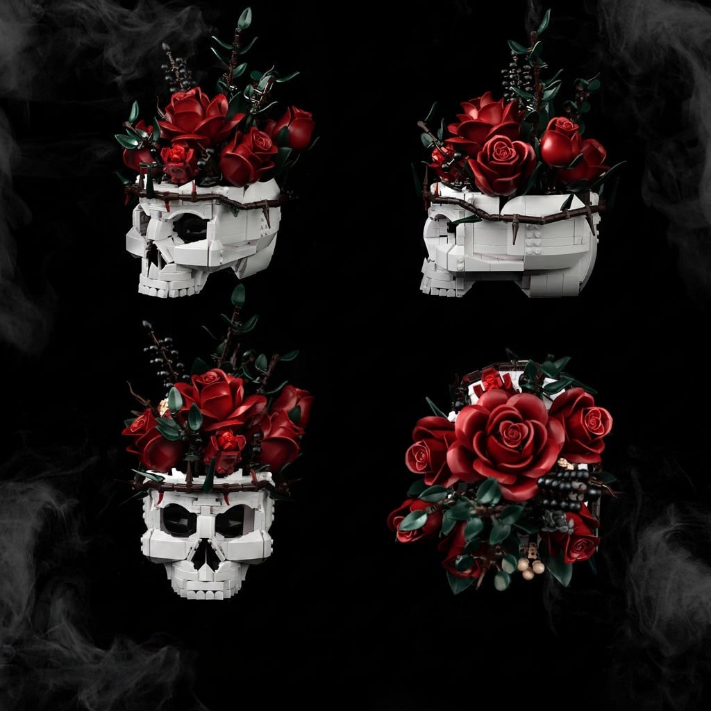 Halloween Decorations Skull and Rose Building Blocks Kit with Thorn Crown for Gothic Tabletop Decor