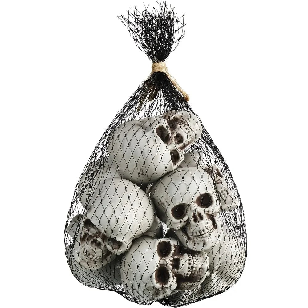 Halloween Party Decorations Mini Plastic Skull Props with Mesh Storage Bag for Indoor Outdoor