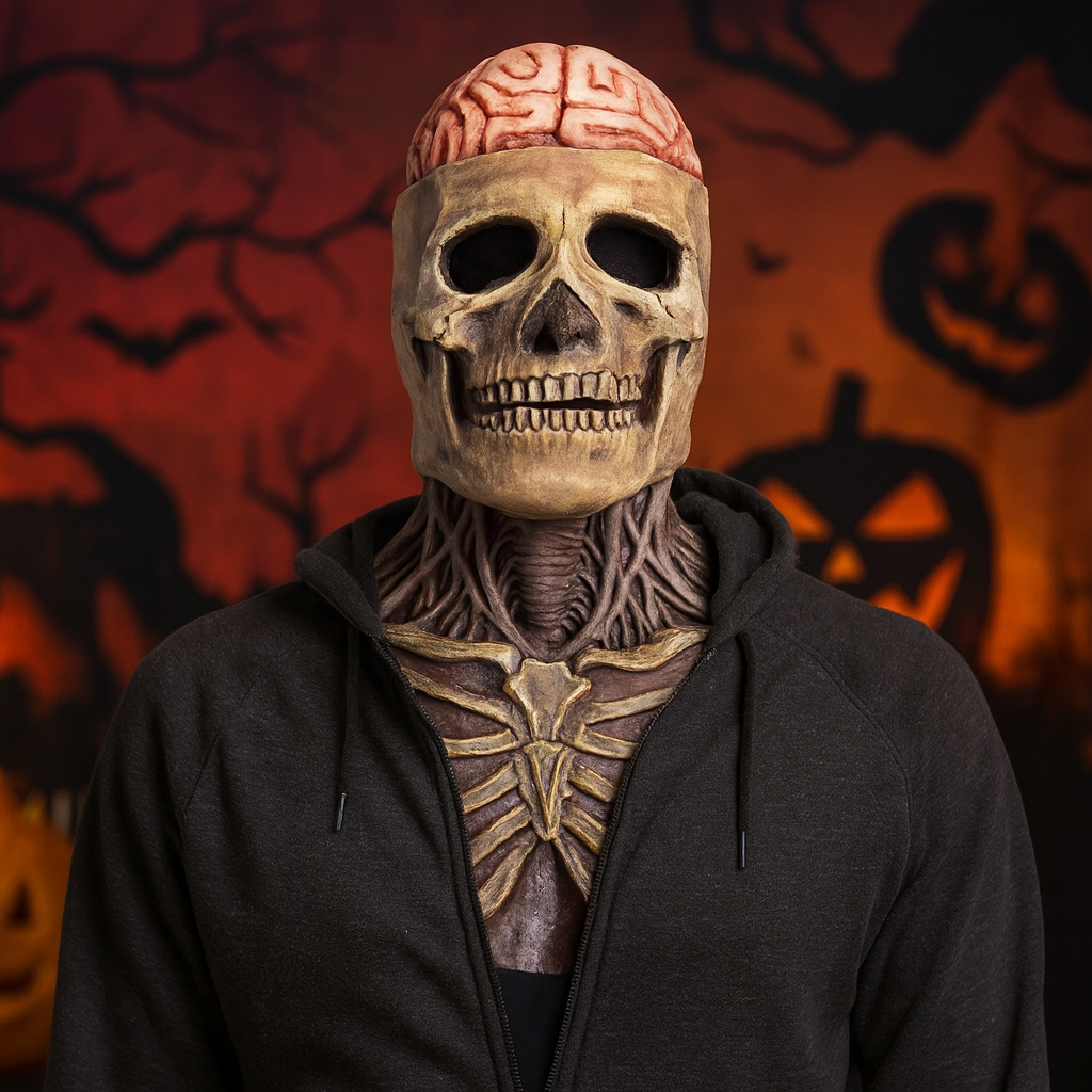 Halloween Costume and Mask with Exposed Brain Skeleton Chest Bib Full Head Latex Horror
