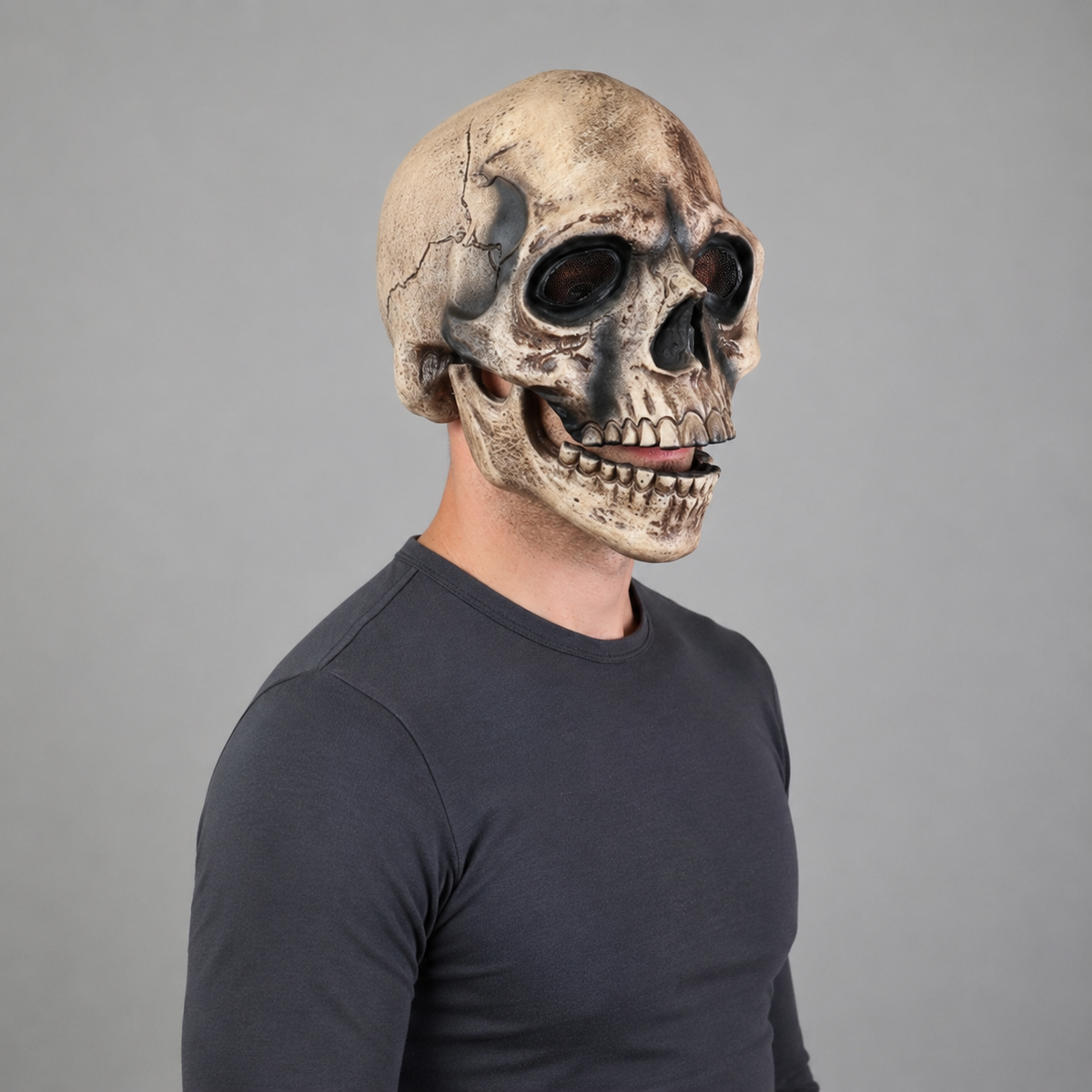 Halloween Costume and Mask Skull with Moving Jaw and Mesh Eye Panels for Parties