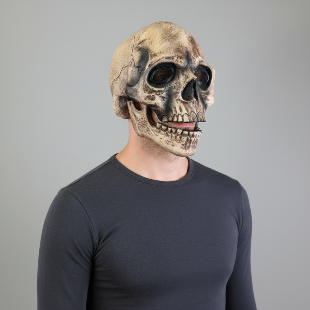 Halloween Costume and Mask Skull with Moving Jaw and Mesh Eye Panels for Parties
