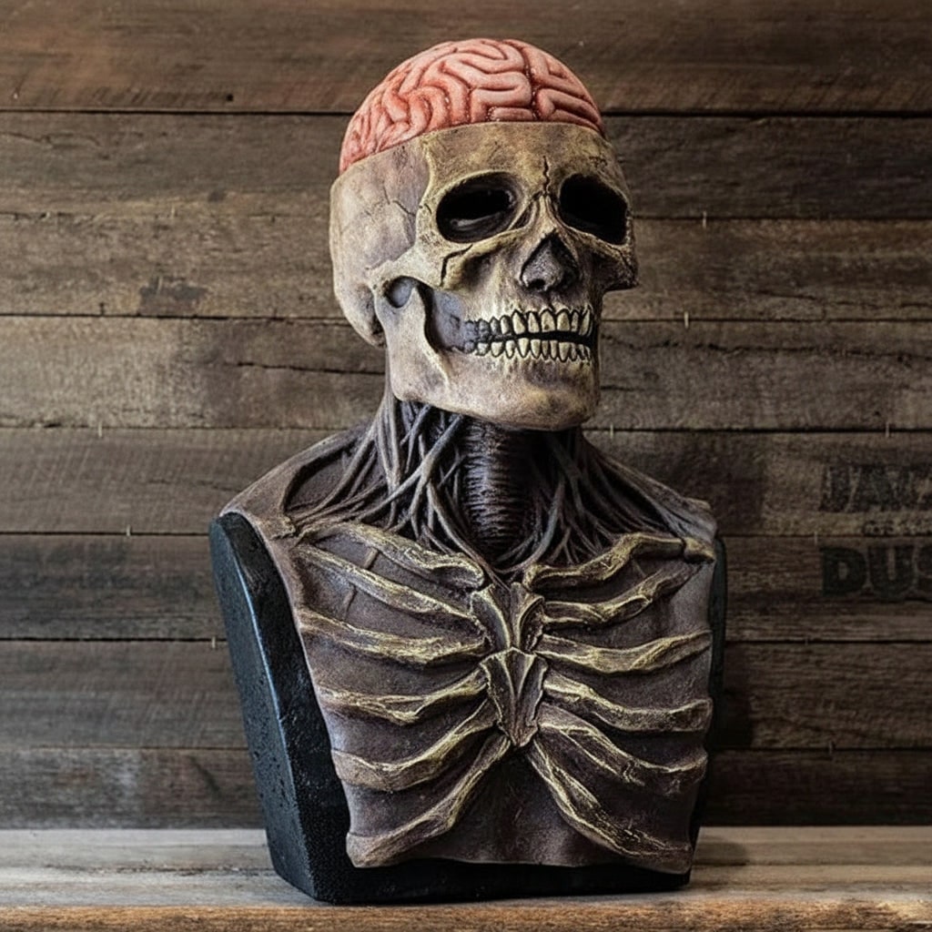 Scary Skull Mask with Skeleton Chest Plate and Exposed Brain for Halloween
