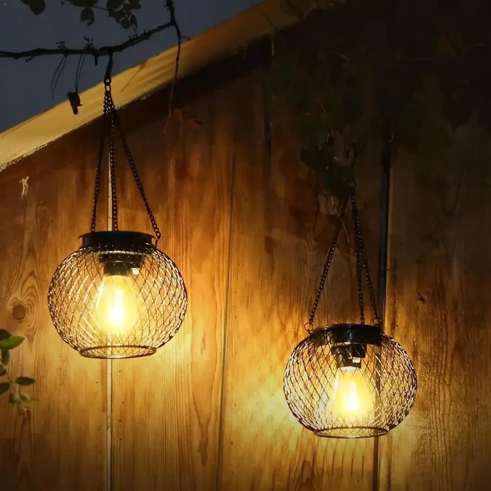 Halloween Lights Outdoor Hanging Solar Lantern with Wire Mesh Globe and Warm White LED Chain