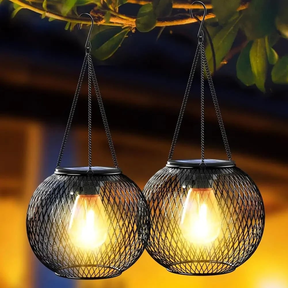 Halloween Lights Outdoor Hanging Solar Lantern with Wire Mesh Globe and Warm White LED Chain