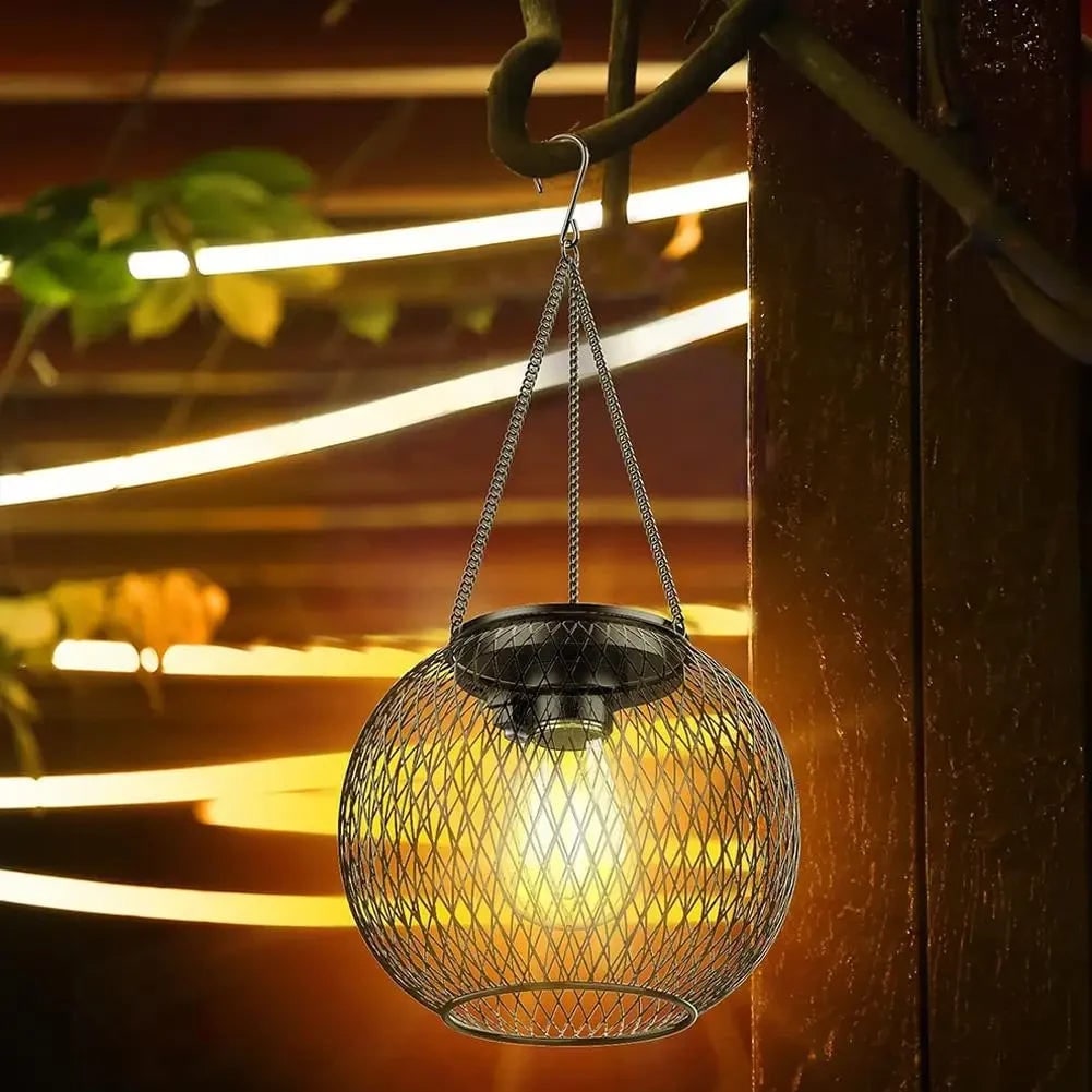 Halloween Lights Outdoor Hanging Solar Lantern with Wire Mesh Globe and Warm White LED Chain