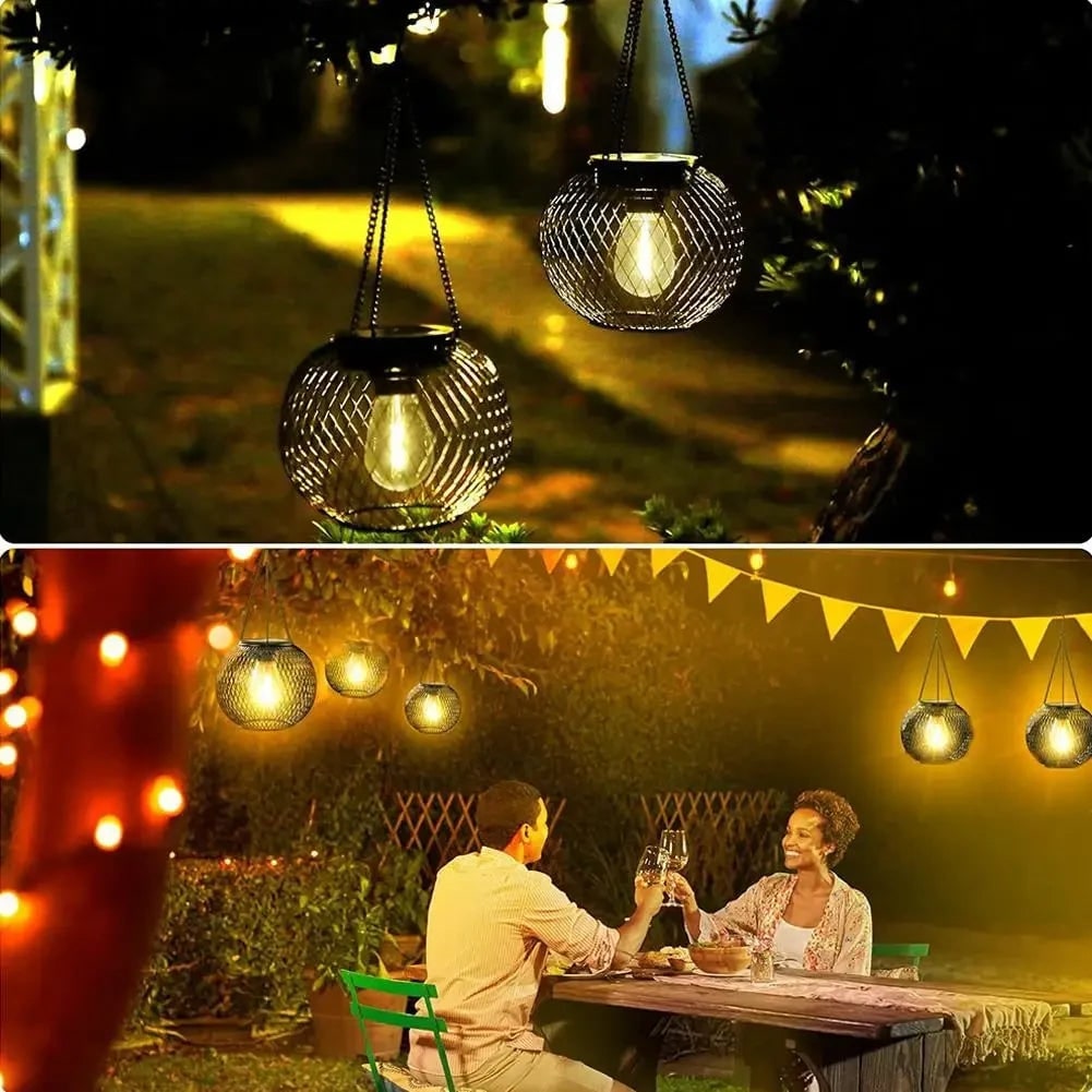 Halloween Lights Outdoor Hanging Solar Lantern with Wire Mesh Globe and Warm White LED Chain