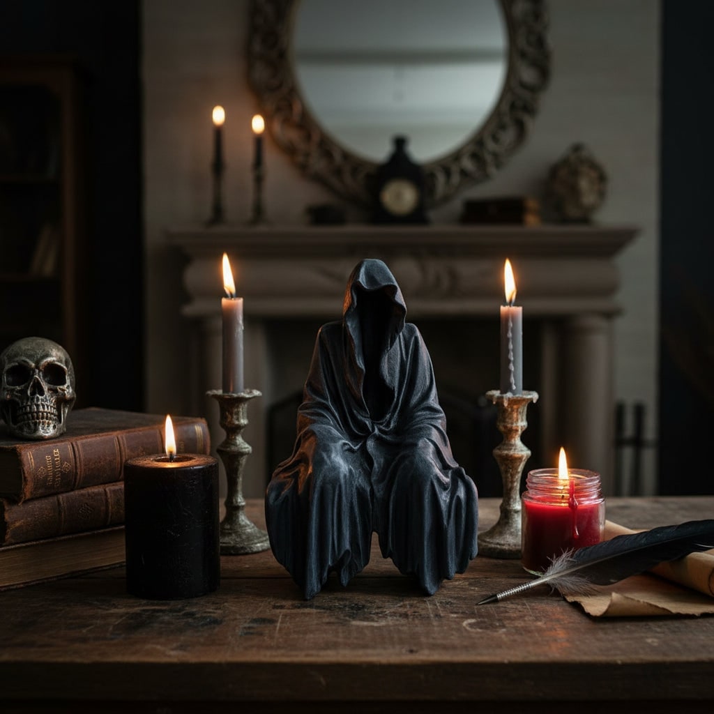 Halloween Decorations with Spooky Hooded Grim Reaper Resin Figurine and Shelf Sitter Statue