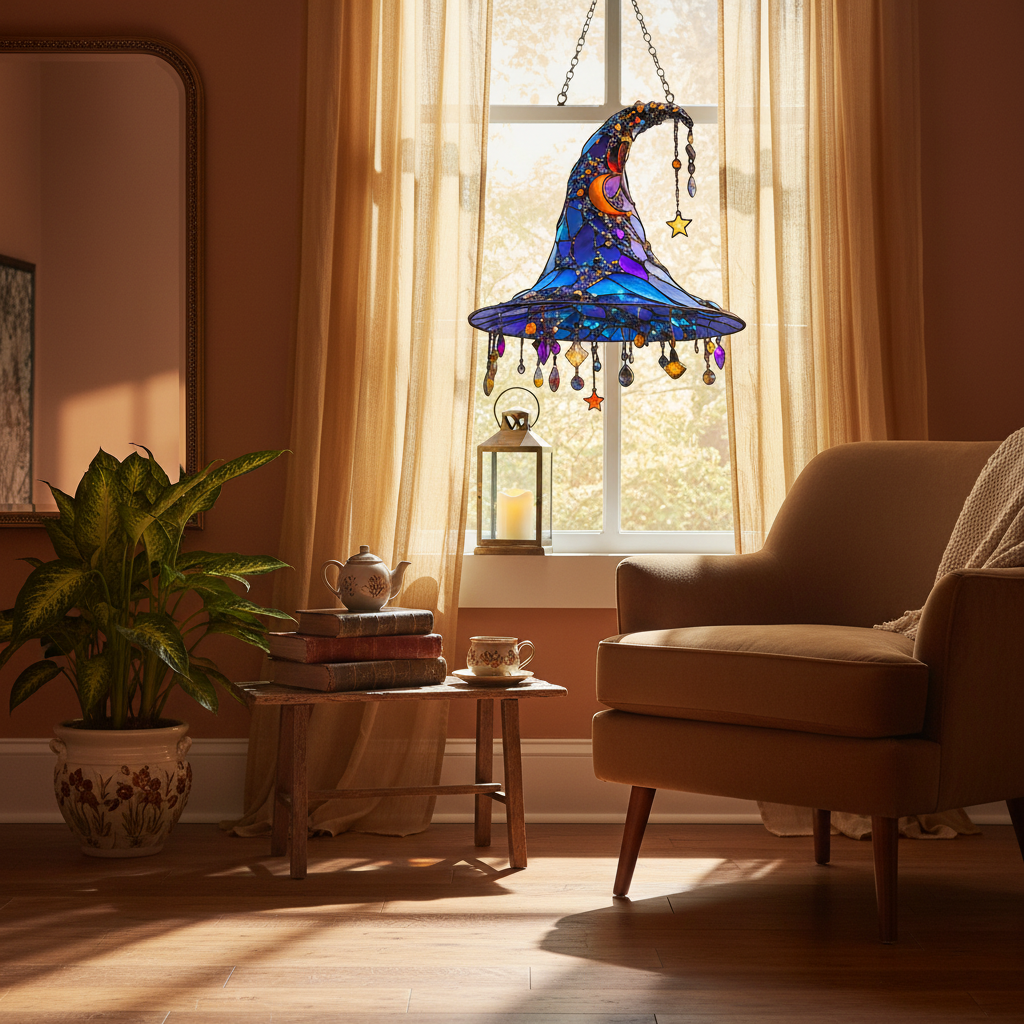 Halloween Window Decorations Hanging Witch Hat Suncatcher in Stained Glass with Crystal Moon Charm