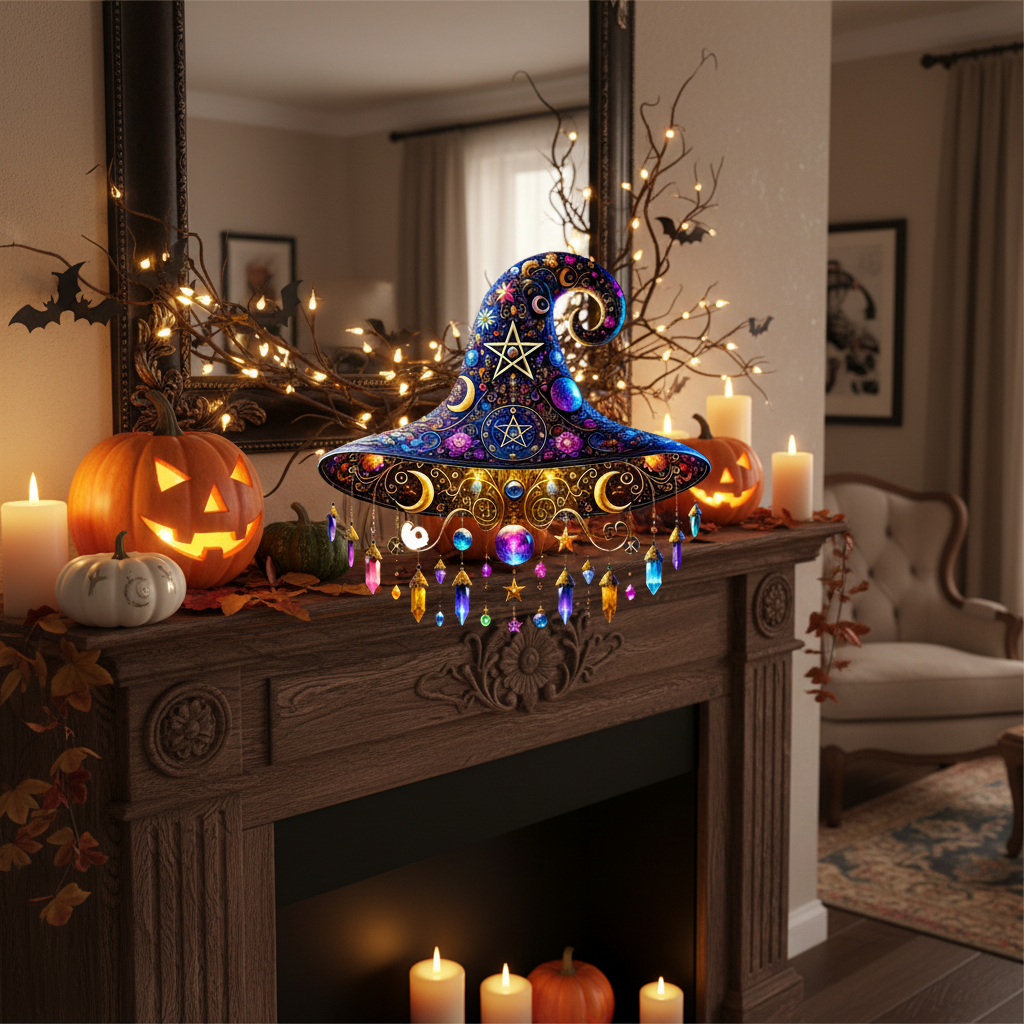 Halloween Window Decorations Hanging Witch Hat Suncatcher in Stained Glass with Crystal Moon Charm
