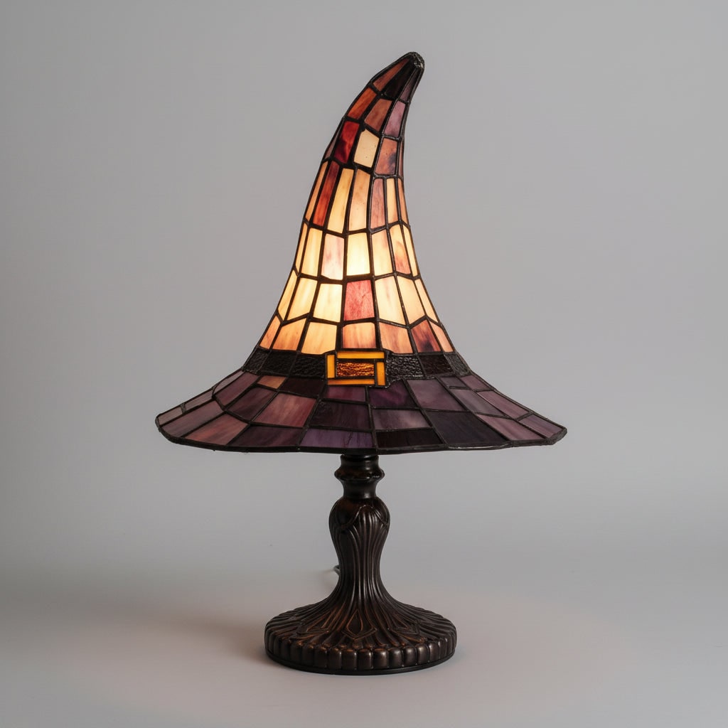 Stained Glass Table Lamp with Witch Hat Shade in Purple and Amber Mosaic Panels