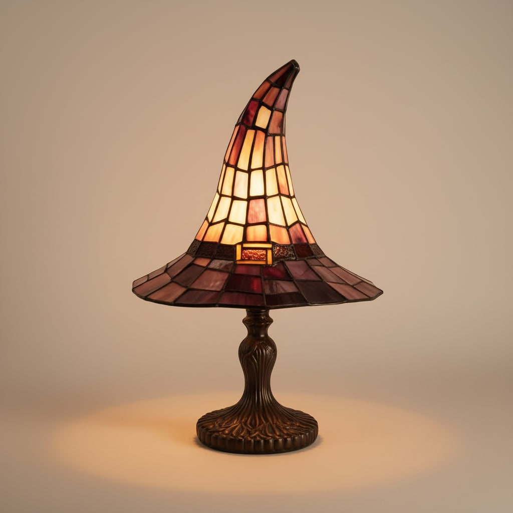 Stained Glass Table Lamp with Witch Hat Shade in Purple and Amber Mosaic Panels