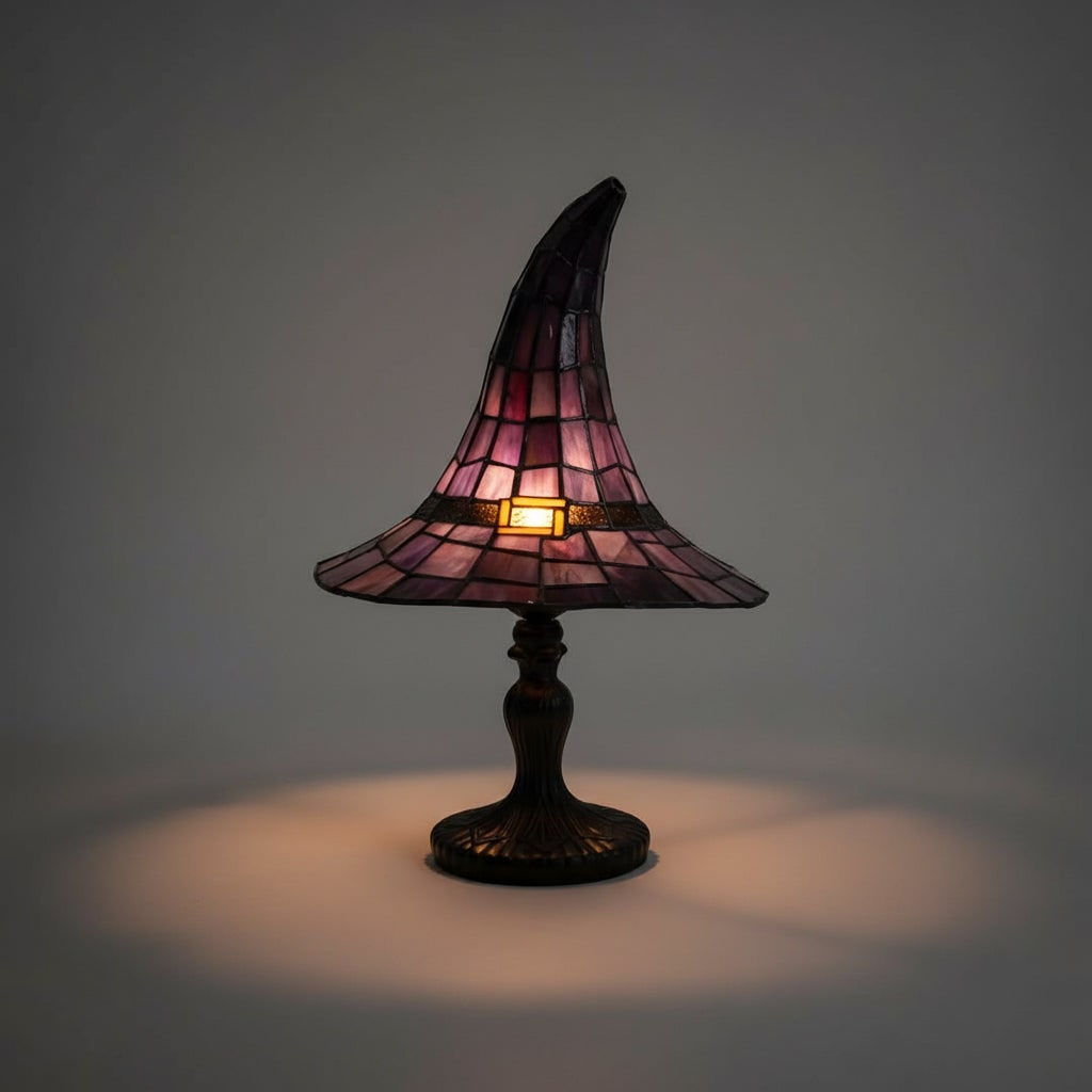 Stained Glass Table Lamp with Witch Hat Shade in Purple and Amber Mosaic Panels