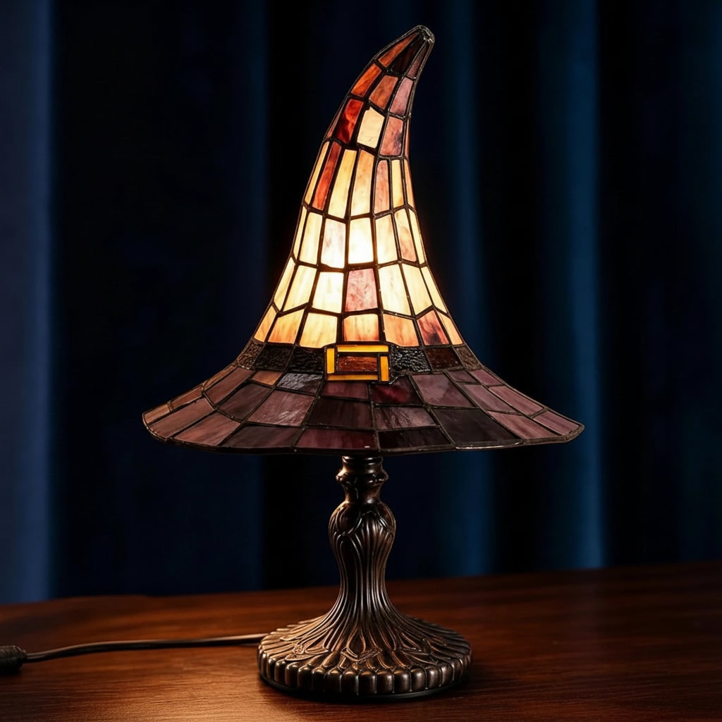 Stained Glass Table Lamp with Witch Hat Shade in Purple and Amber Mosaic Panels
