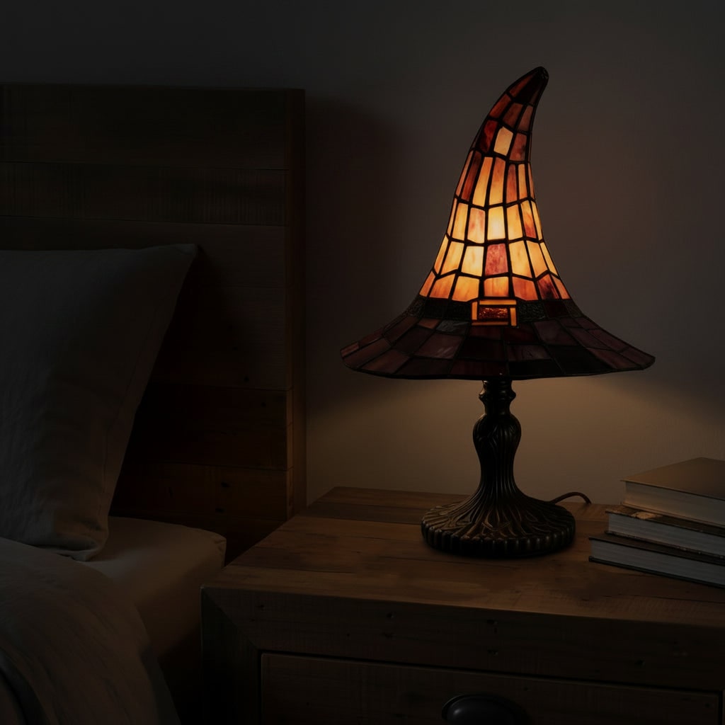 Stained Glass Table Lamp with Witch Hat Shade in Purple and Amber Mosaic Panels