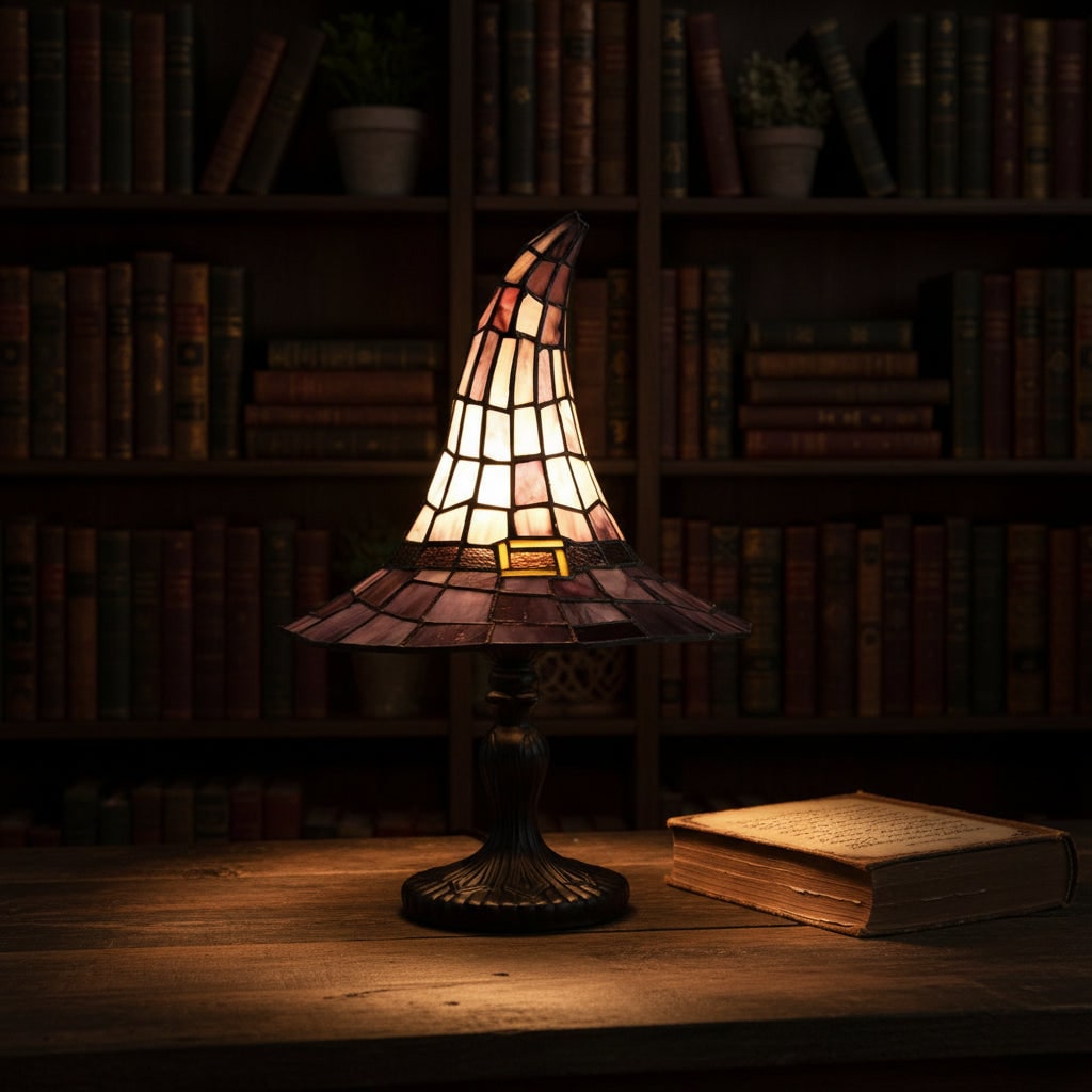 Stained Glass Table Lamp with Witch Hat Shade in Purple and Amber Mosaic Panels