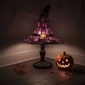 Stained Glass Table Lamp with Witch Hat Shade in Purple and Amber Mosaic Panels