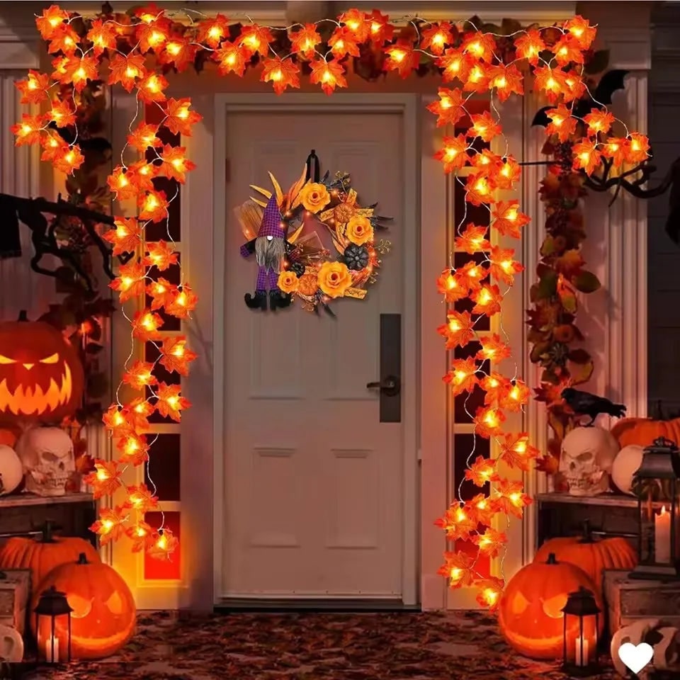 Maple Leaf Garland with Amber String Lights for Fall and Halloween Displays