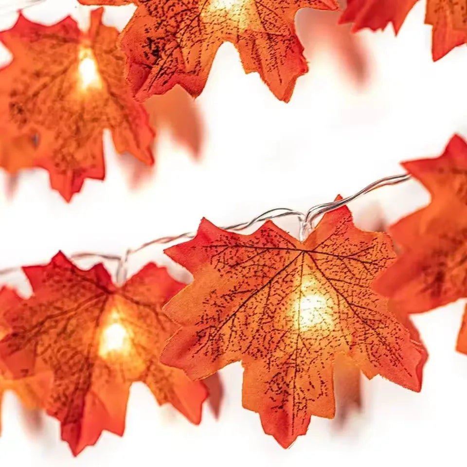 Maple Leaf Garland with Amber String Lights for Fall and Halloween Displays
