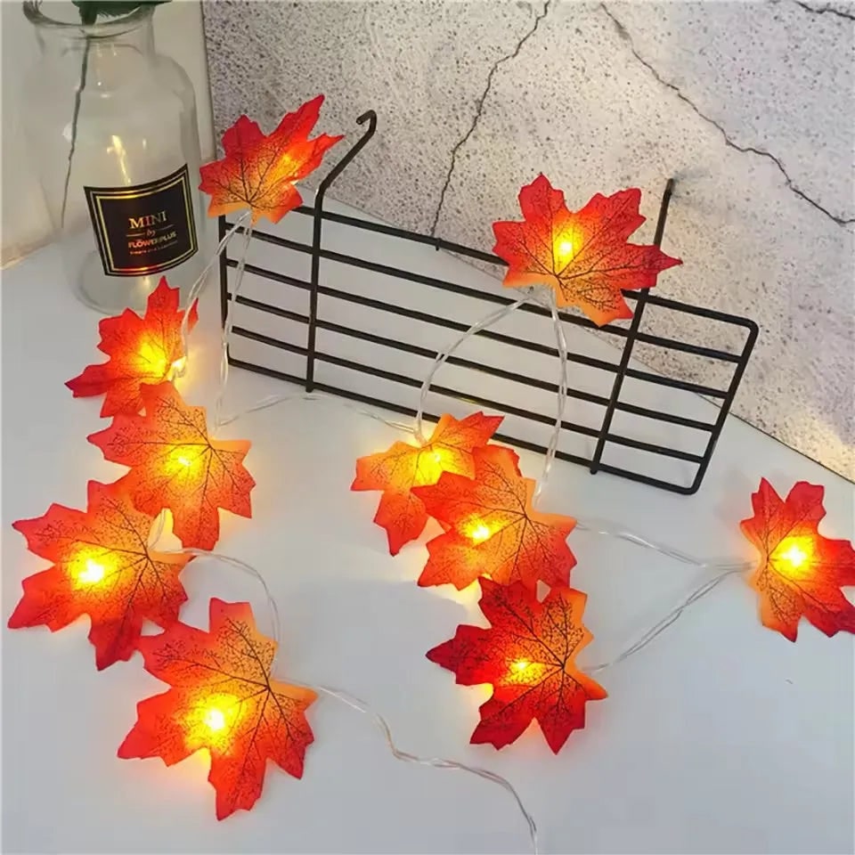 Maple Leaf Garland with Amber String Lights for Fall and Halloween Displays
