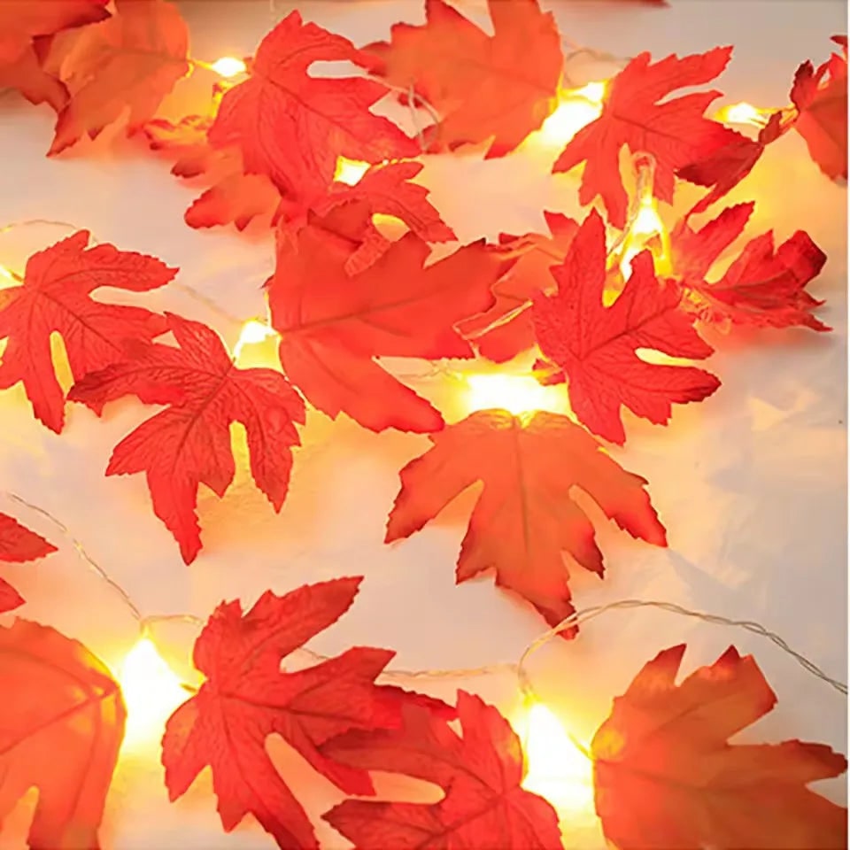 Maple Leaf Garland with Amber String Lights for Fall and Halloween Displays