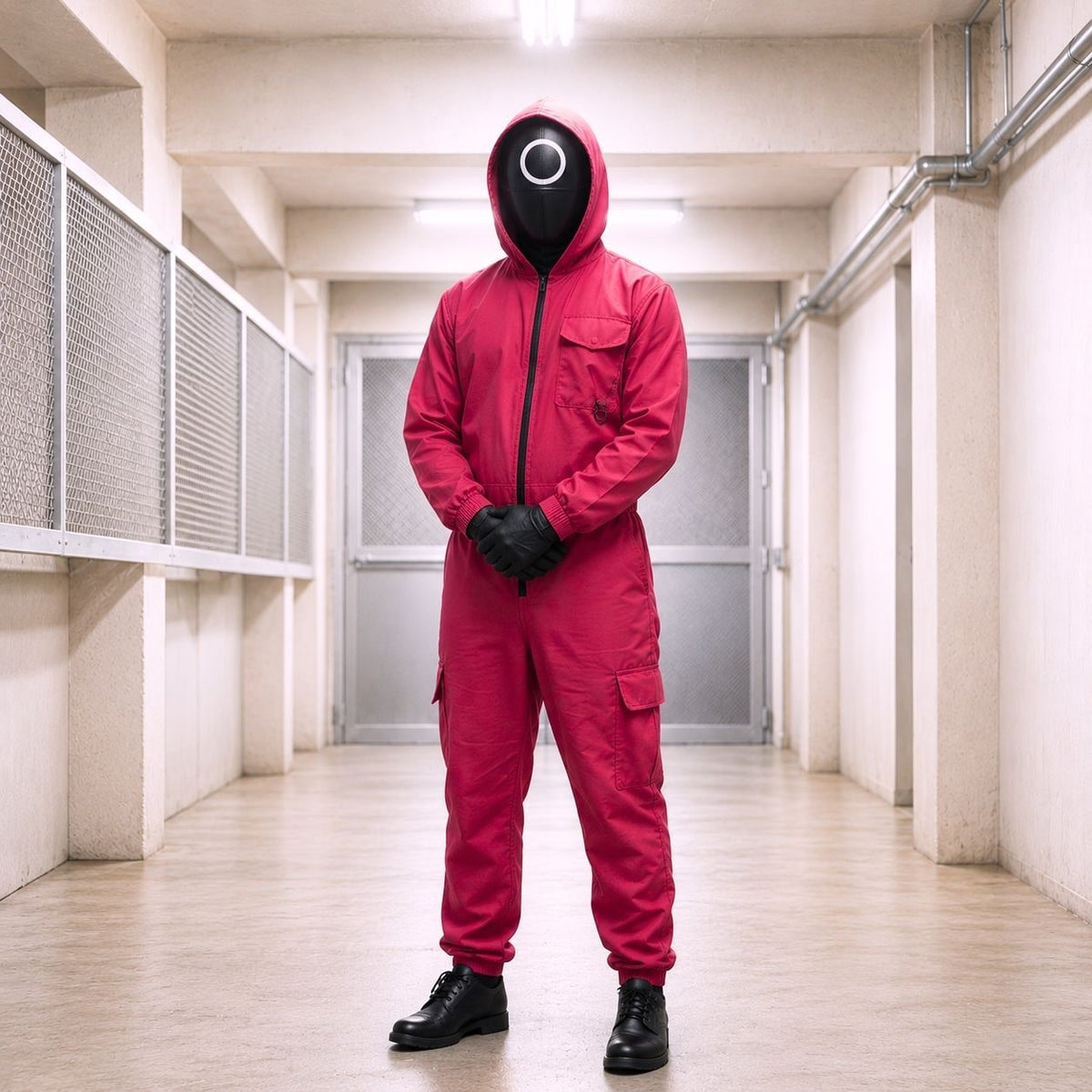 Halloween Costume and Mask with Hooded Survival Game Jumpsuit Belt and Cargo Pockets
