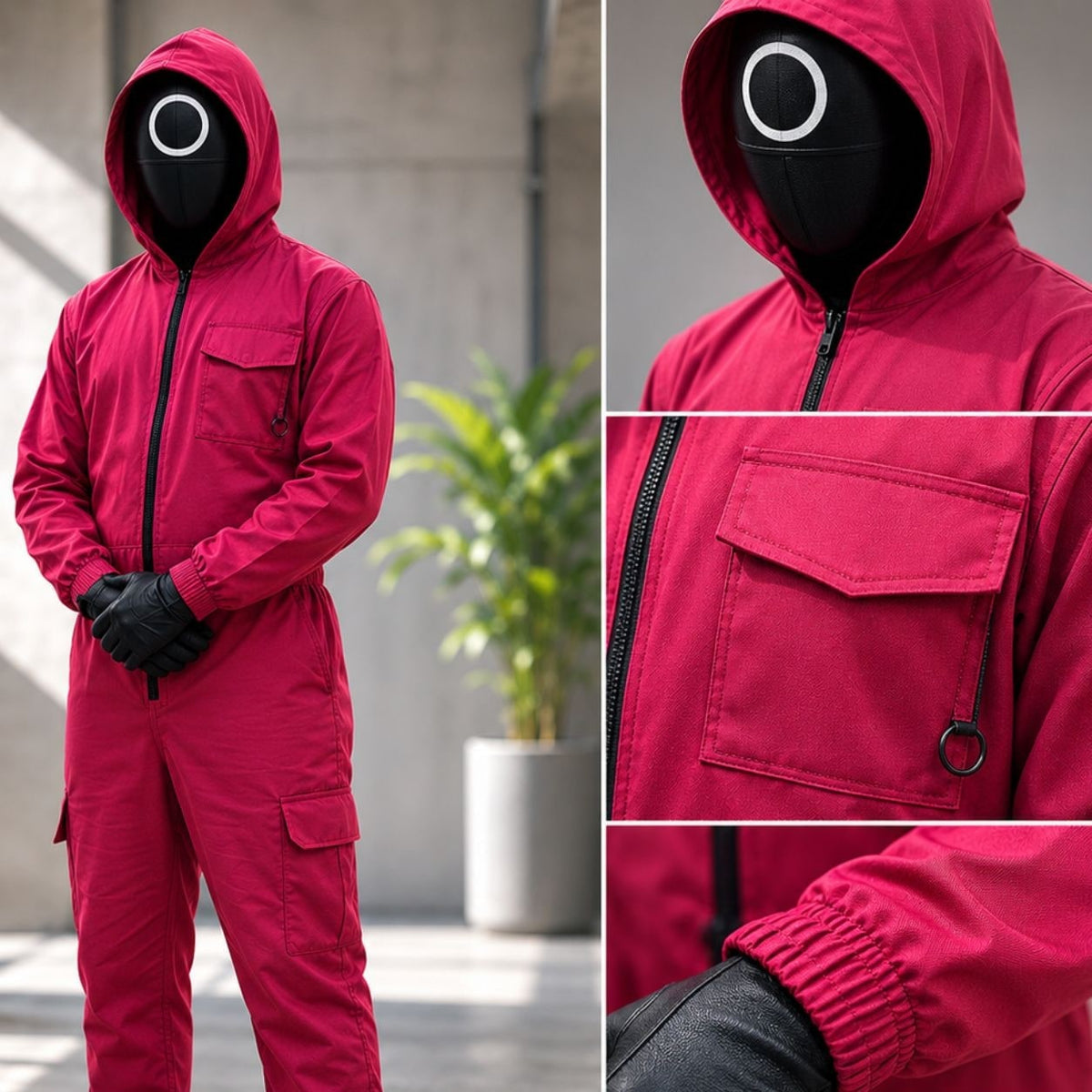 Halloween Costume and Mask with Hooded Survival Game Jumpsuit Belt and Cargo Pockets