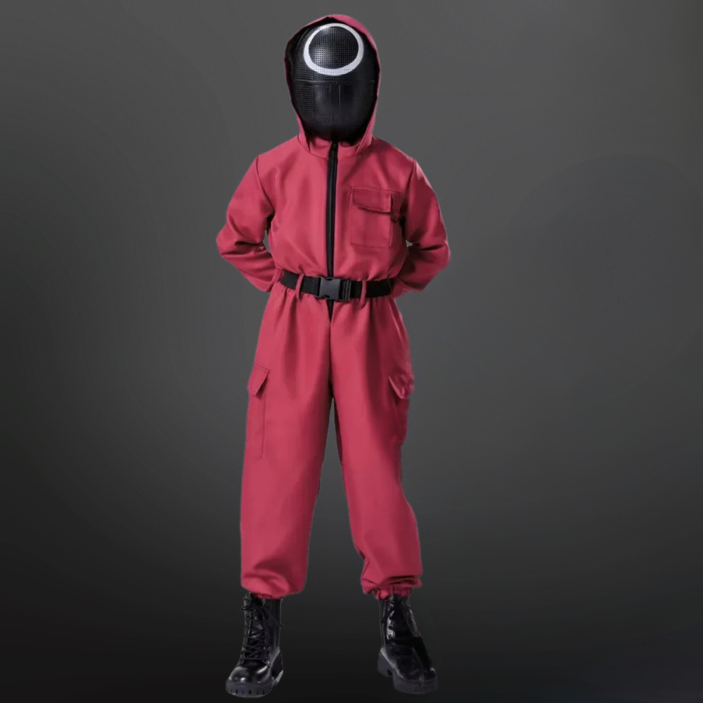 Halloween Costume and Mask Set for Kids with Hooded Jumpsuit Belt and Inflatable Toy Gun