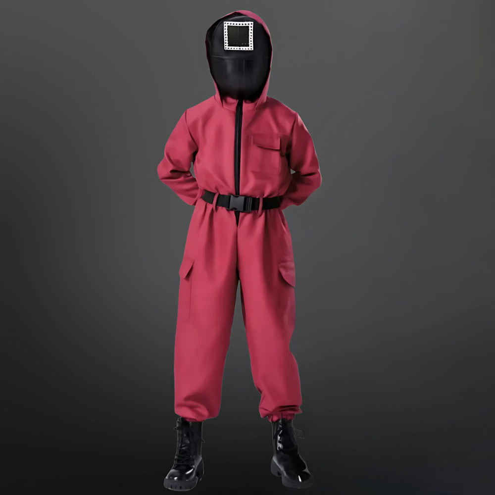 Halloween Costume and Mask Set for Kids with Hooded Jumpsuit Belt and Inflatable Toy Gun