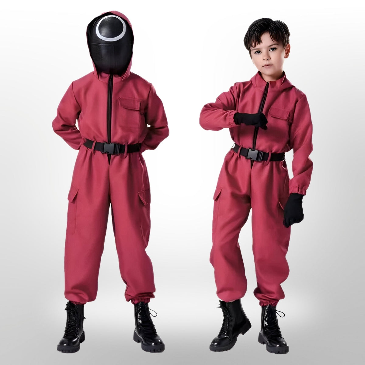 Halloween Costume and Mask Set for Kids with Hooded Jumpsuit Belt and Inflatable Toy Gun