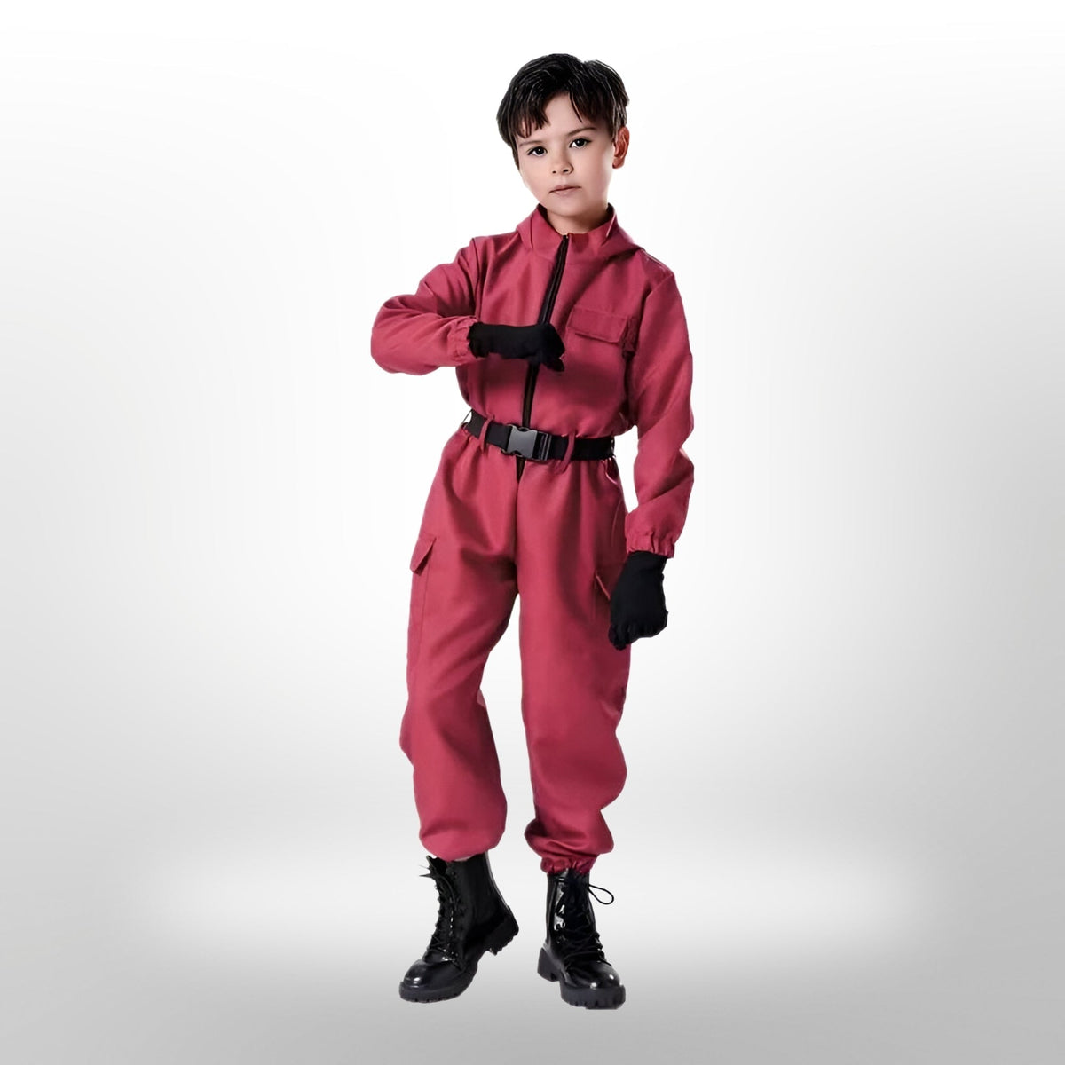 Halloween Costume and Mask Set for Kids with Hooded Jumpsuit Belt and Inflatable Toy Gun