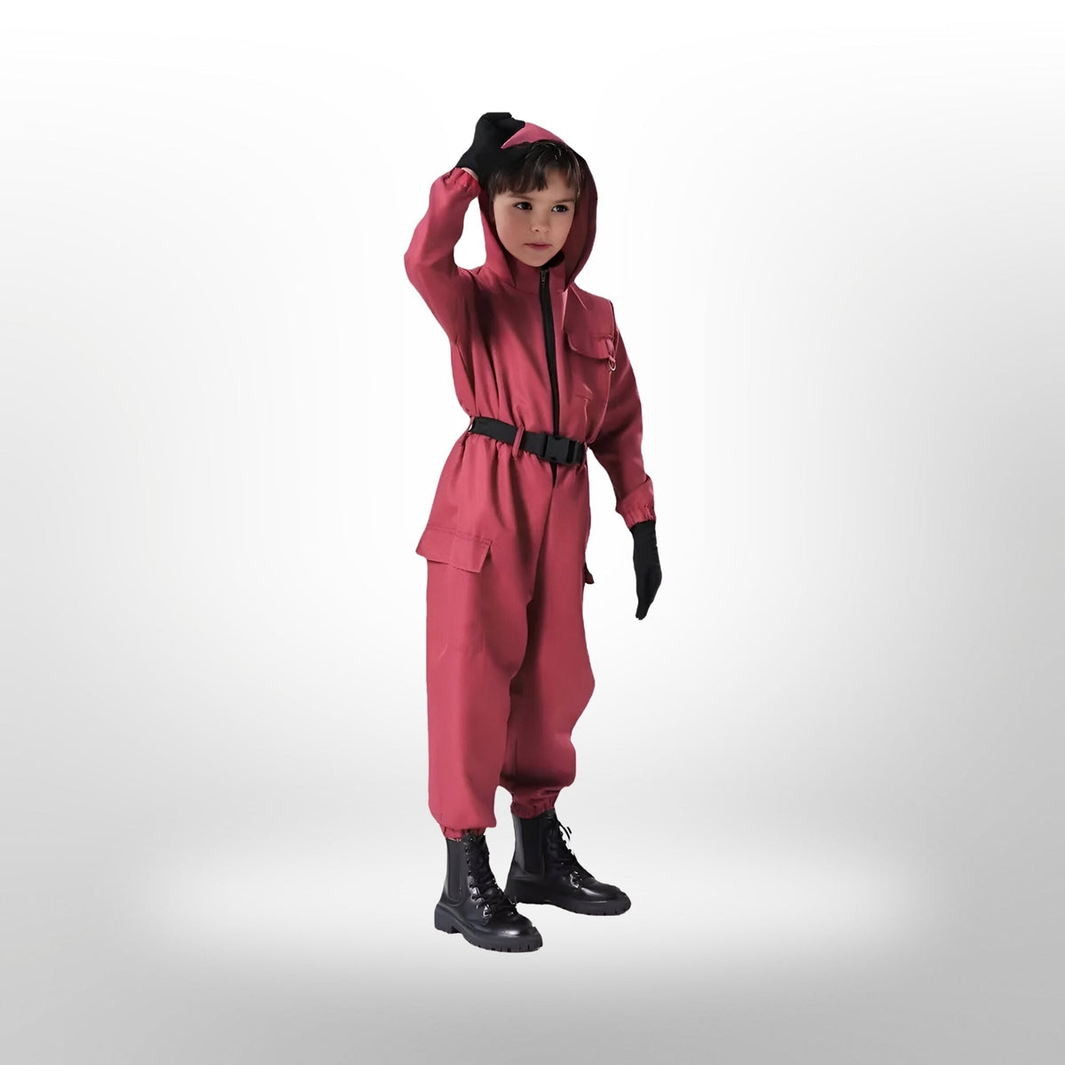 Halloween Costume and Mask Set for Kids with Hooded Jumpsuit Belt and Inflatable Toy Gun