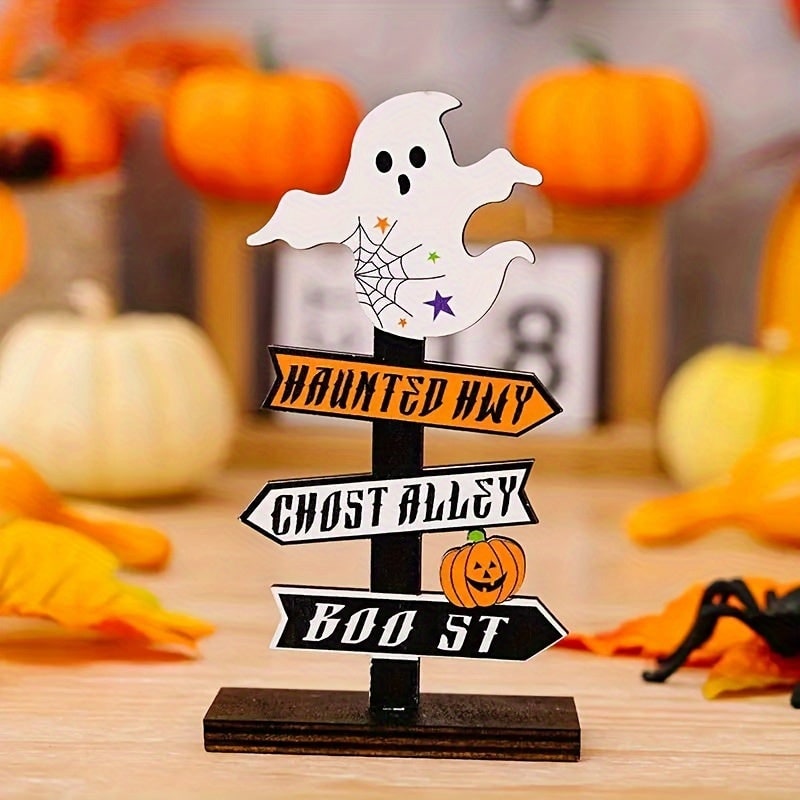Halloween Decorations for Table Displays with Directional Sign and Painted Wood Base