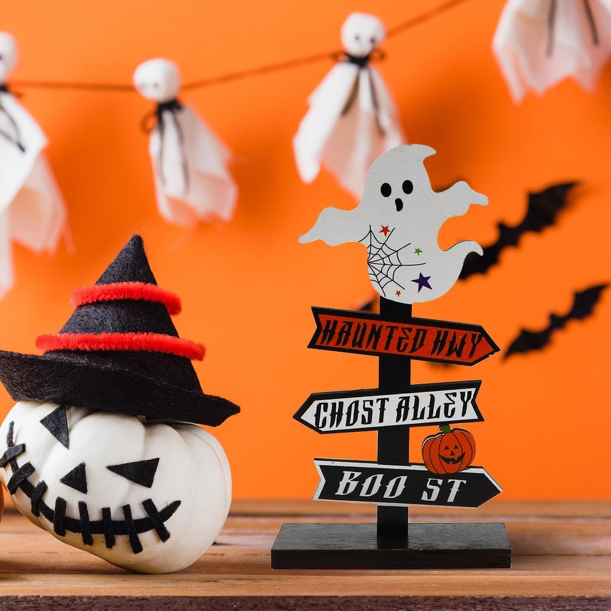 Halloween Decorations for Table Displays with Directional Sign and Painted Wood Base
