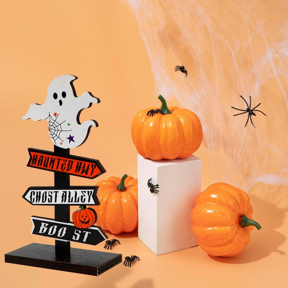 Halloween Decorations for Table Displays with Directional Sign and Painted Wood Base