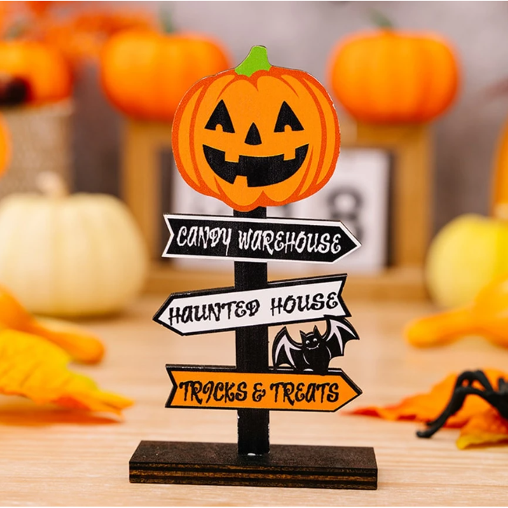 Halloween Decorations for Table Displays with Directional Sign and Painted Wood Base