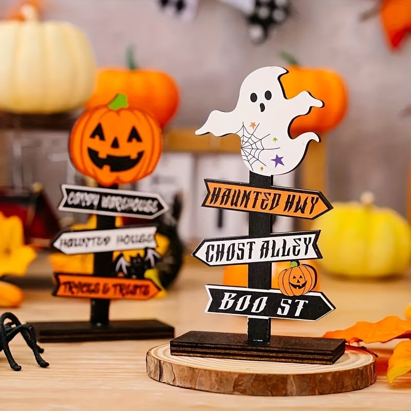 Halloween Decorations for Table Displays with Directional Sign and Painted Wood Base