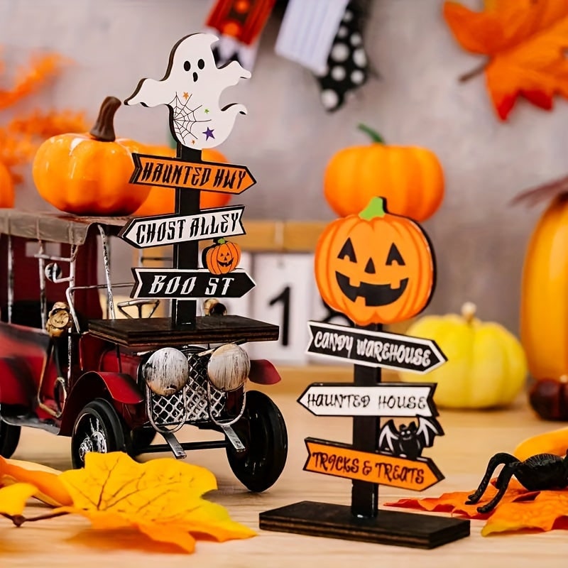 Halloween Decorations for Table Displays with Directional Sign and Painted Wood Base
