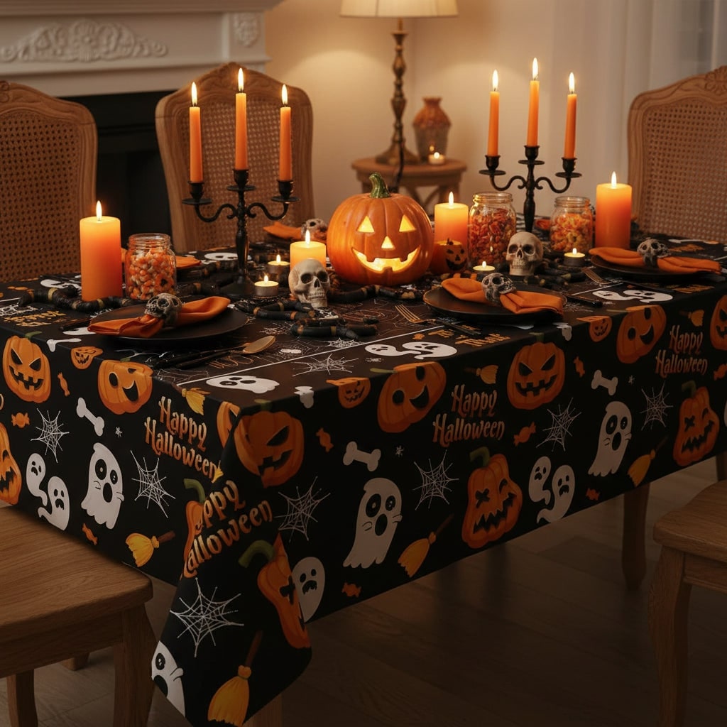 Halloween Table Cover Disposable Plastic Cloth with Pumpkin Ghost and Spiderweb Print