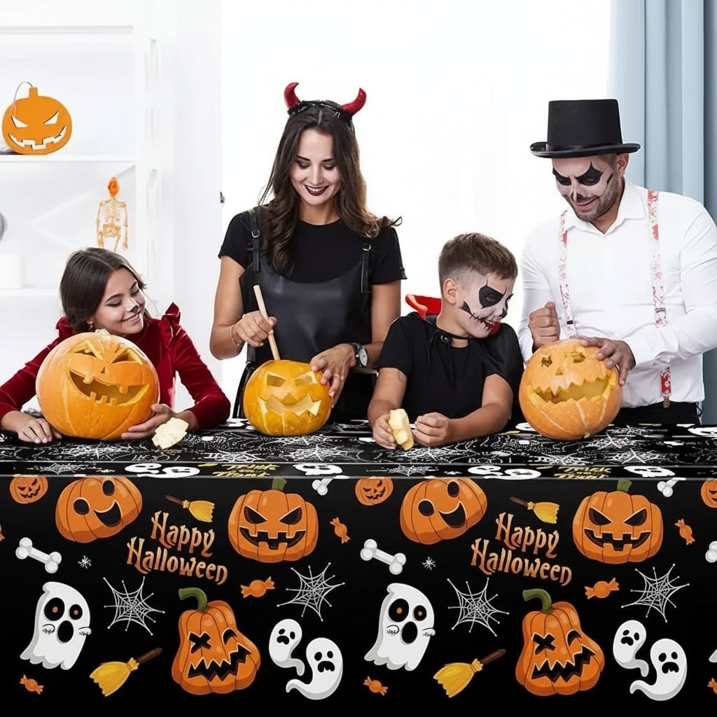 Halloween Table Cover Disposable Plastic Cloth with Pumpkin Ghost and Spiderweb Print