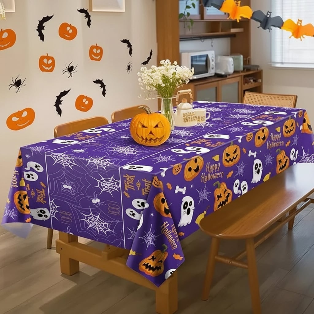 Halloween Table Cover Disposable Plastic Cloth with Pumpkin Ghost and Spiderweb Print