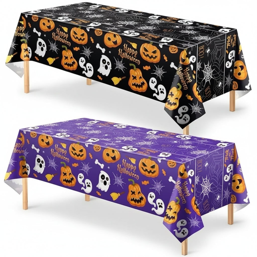 Halloween Table Cover Disposable Plastic Cloth with Pumpkin Ghost and Spiderweb Print