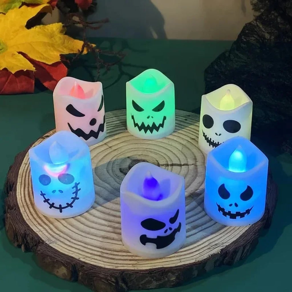 Battery Operated Tea Lights with Spooky Halloween Faces and Flameless Flickering Glow
