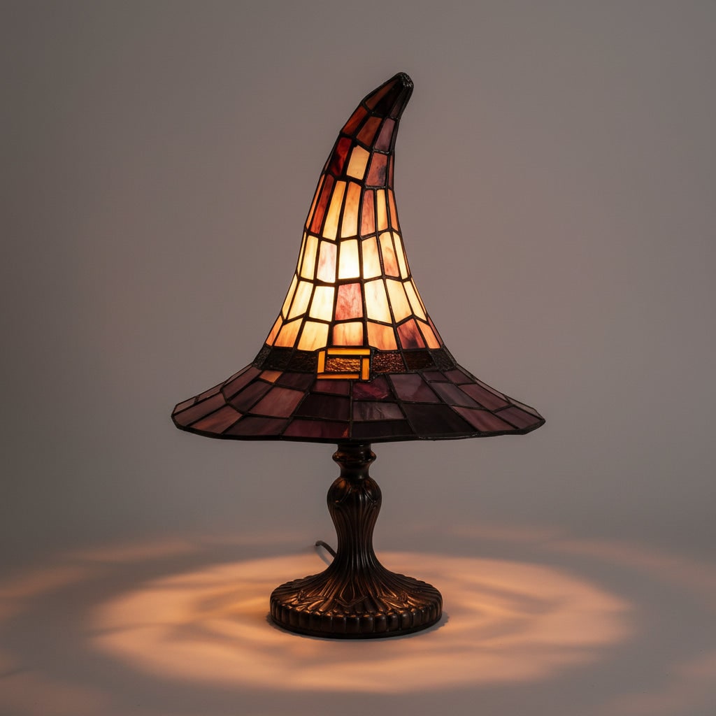 Stained Glass Witch Hat Table Lamp with Bronze Base and Beaded Pull Chain