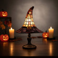 Stained Glass Witch Hat Table Lamp with Bronze Base and Beaded Pull Chain
