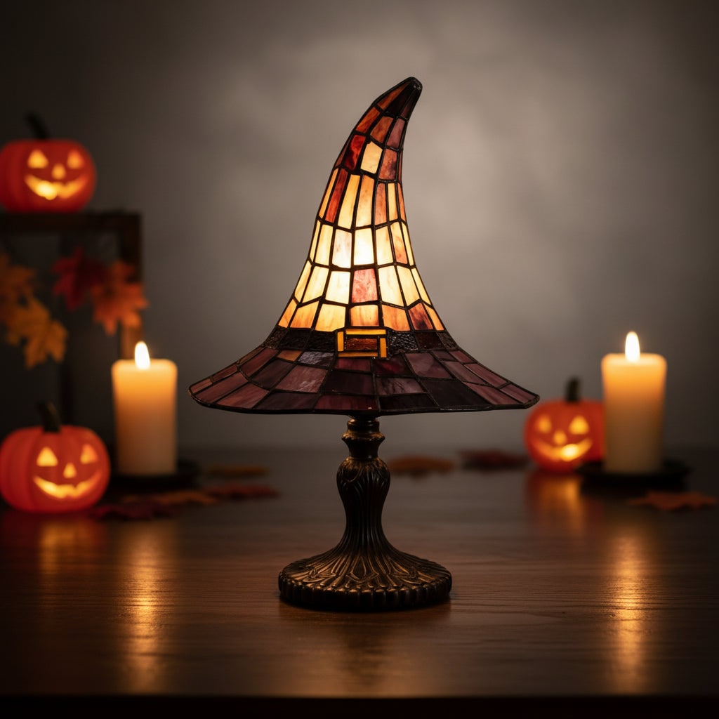 Stained Glass Witch Hat Table Lamp with Bronze Base and Beaded Pull Chain