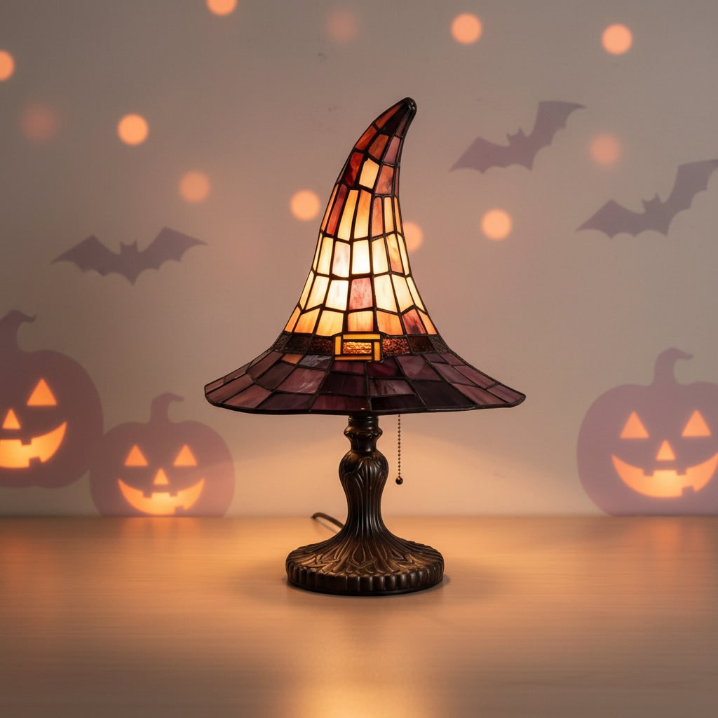Stained Glass Witch Hat Table Lamp with Bronze Base and Beaded Pull Chain